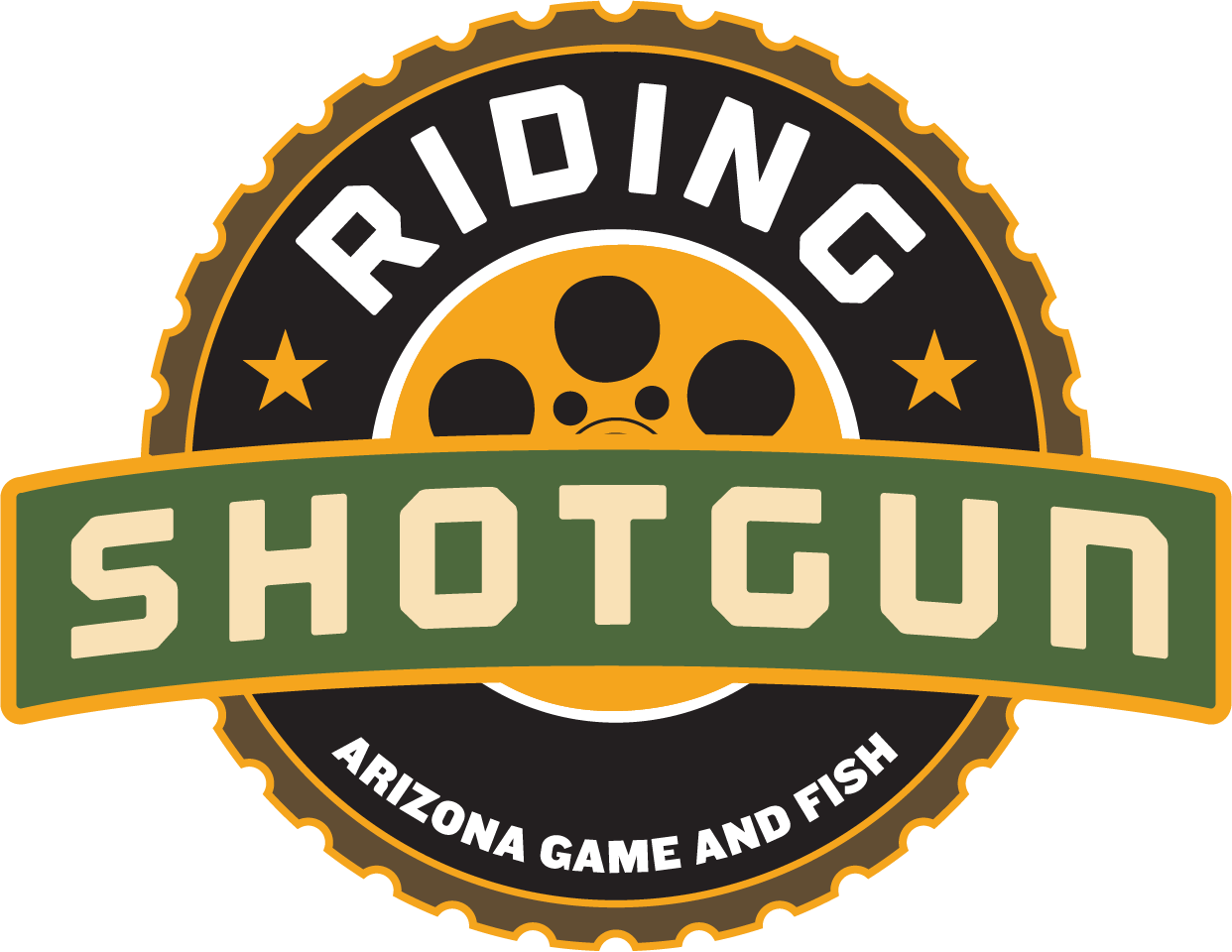 Round logo with a shotgun shell edge, text 'Riding Shotgun' and 'Arizona Game and Fish' around a yellow shotgun shell base.